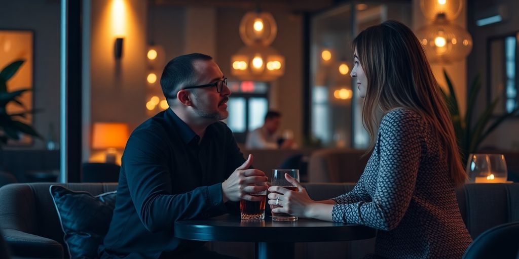 Couple conversing in a cozy, private lounge setting.