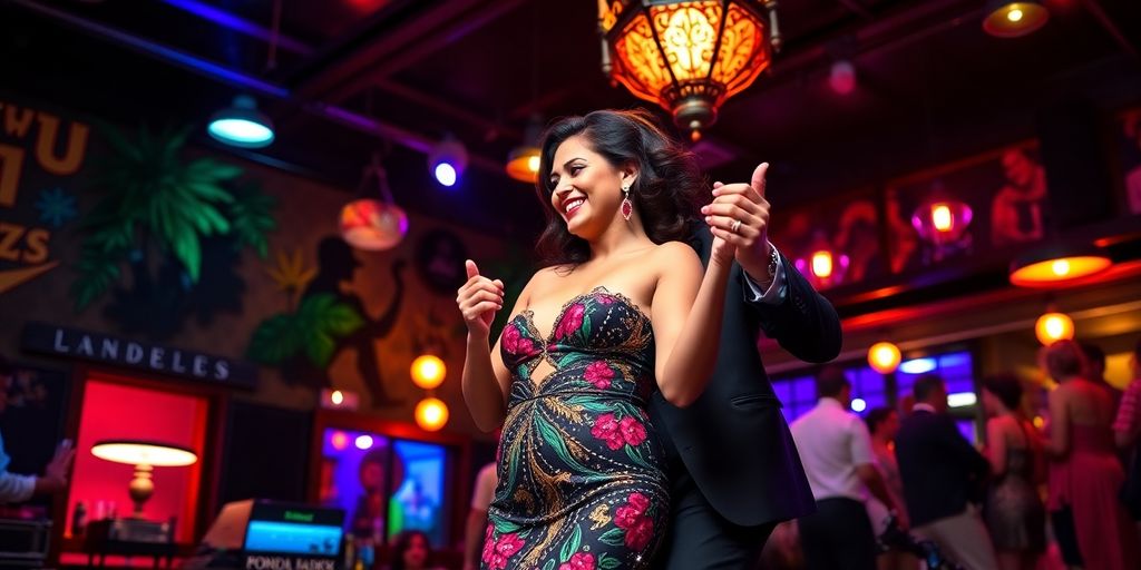 Couple dancing in colorful outfits at a lively venue.