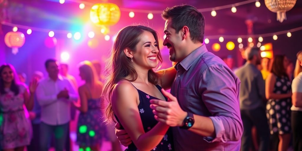 Couple dancing joyfully at a swinging party.