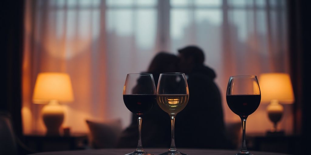 Couple embracing in a softly lit, intimate space.