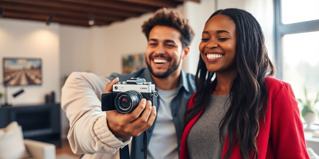 Couple filming playful content with camera.