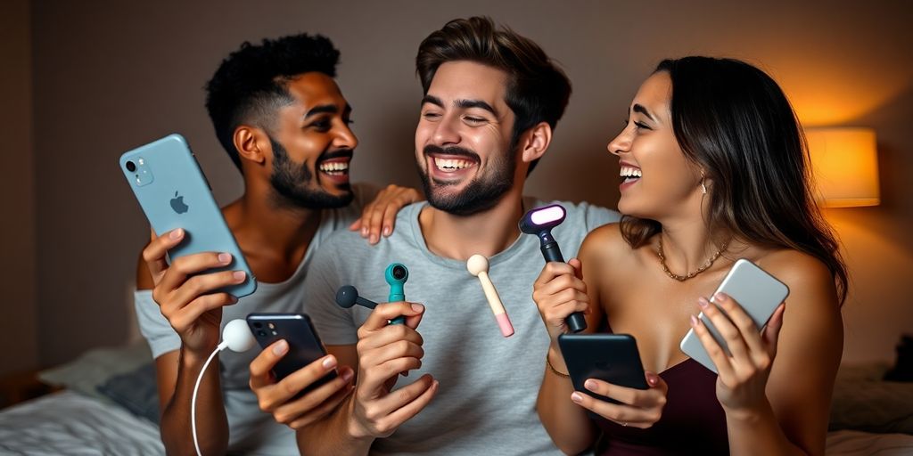 Couple holding various sex toys and tech.