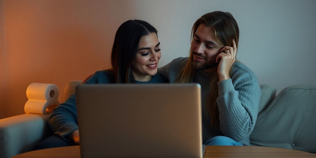 Couple in a cozy setting with laptop, ensuring privacy.