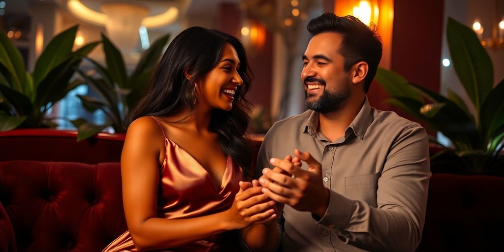 Couple laughing, hands clasped, intimate setting.