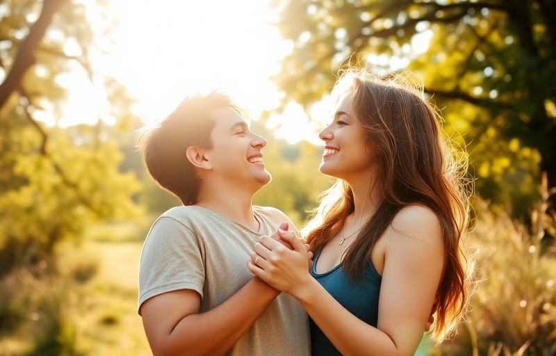 Couple sharing a joyful moment in a natural setting.