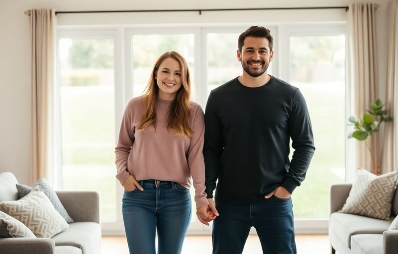 Couple smiling, holding hands, in a suburban home.