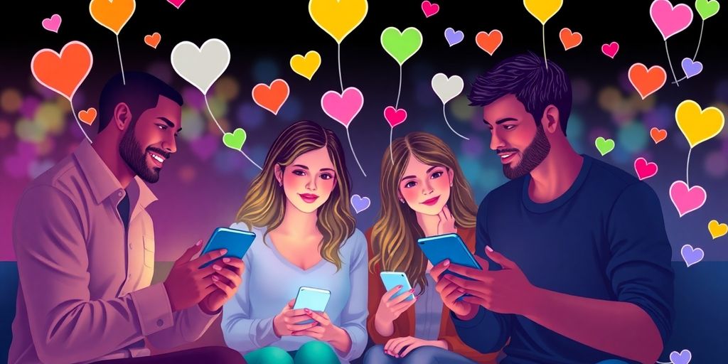 Couples and singles connecting through smartphones and emojis.