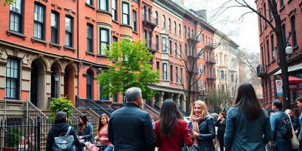 Couples chatting on a Brooklyn street, capturing real-life dating.