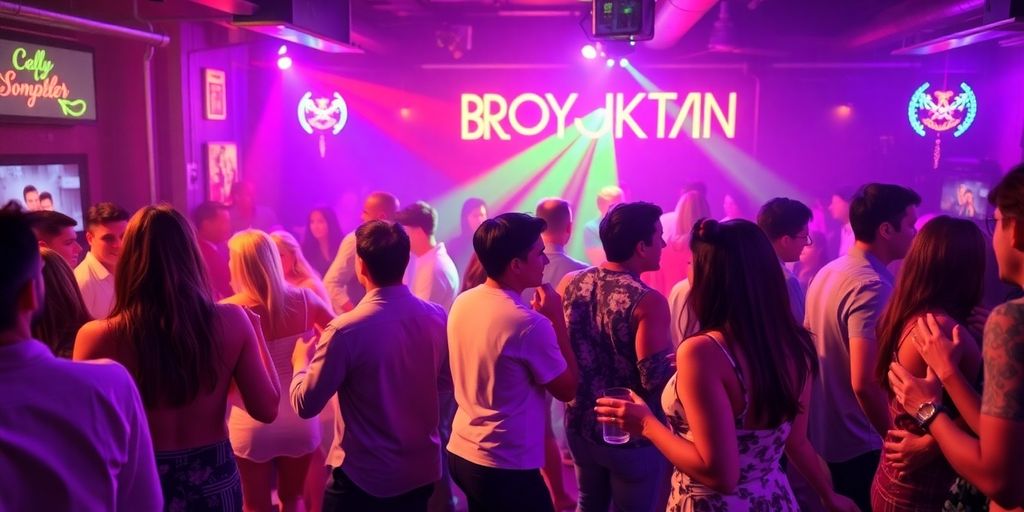 Couples dancing and socializing in a Brooklyn swinger club.