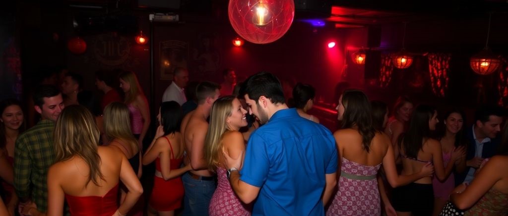 Couples dancing at a lively Baltimore sex club.