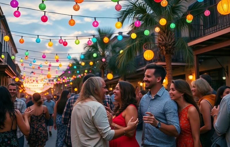 Couples dancing in a festive New Orleans street party.