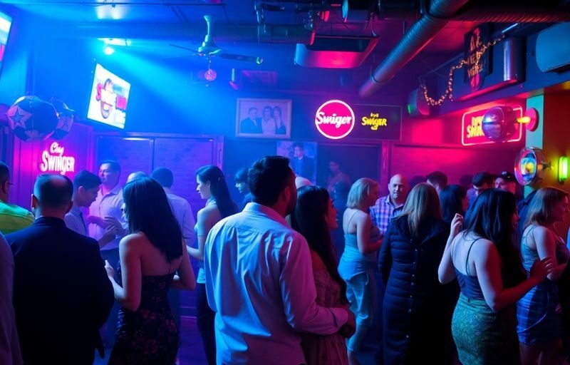 Couples dancing in a lively Brooklyn swinger club.