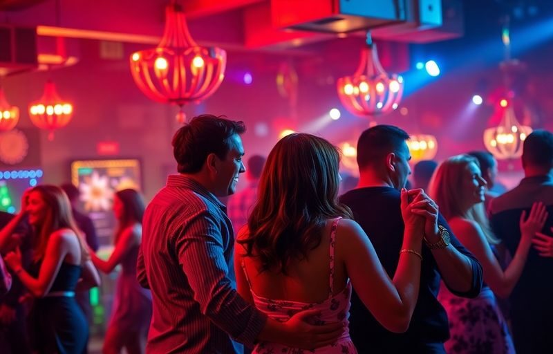 Couples dancing, vibrant club, intimate setting.
