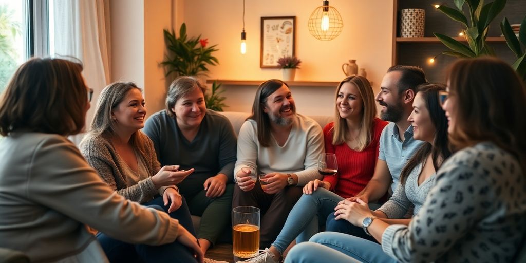 Couples engaged in conversation at a cozy gathering.