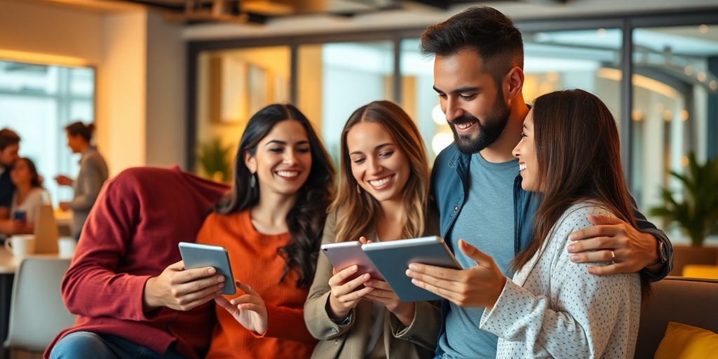 Couples engaging with technology in a social setting.