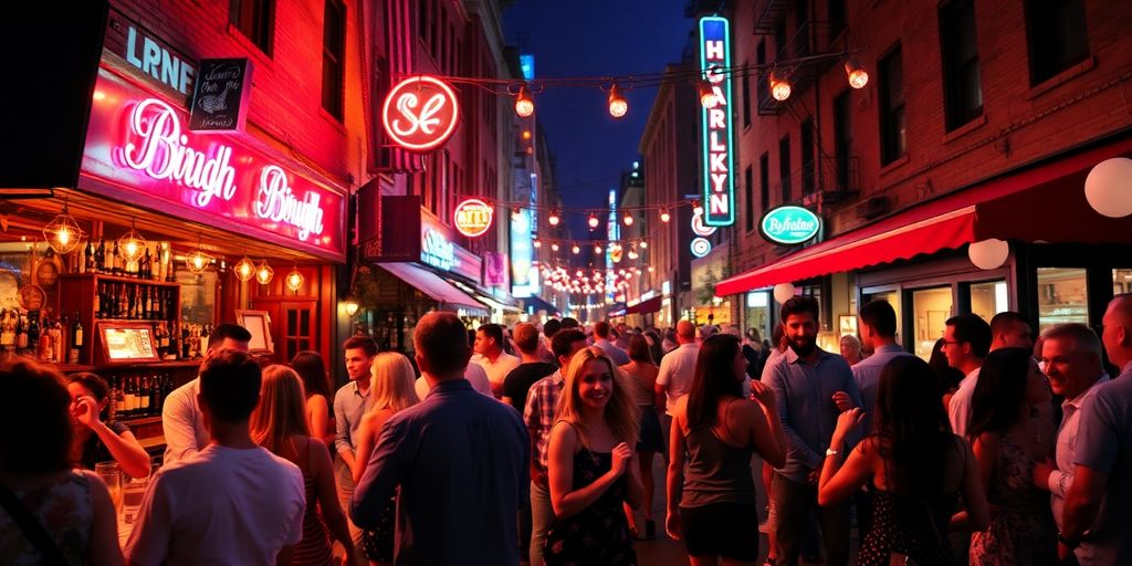 Couples enjoy Brooklyns nightlife with dancing and vibrant lights.