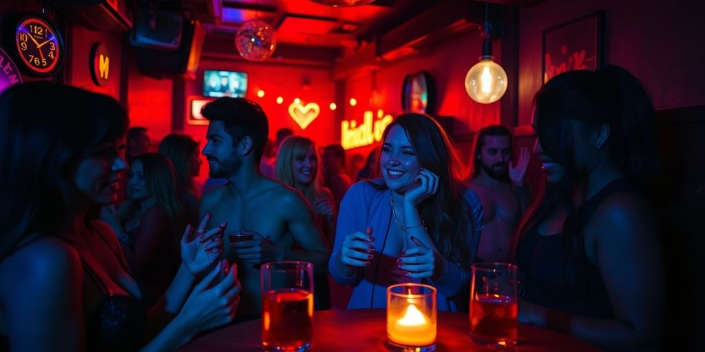 Couples enjoying a lively night at a sex club.