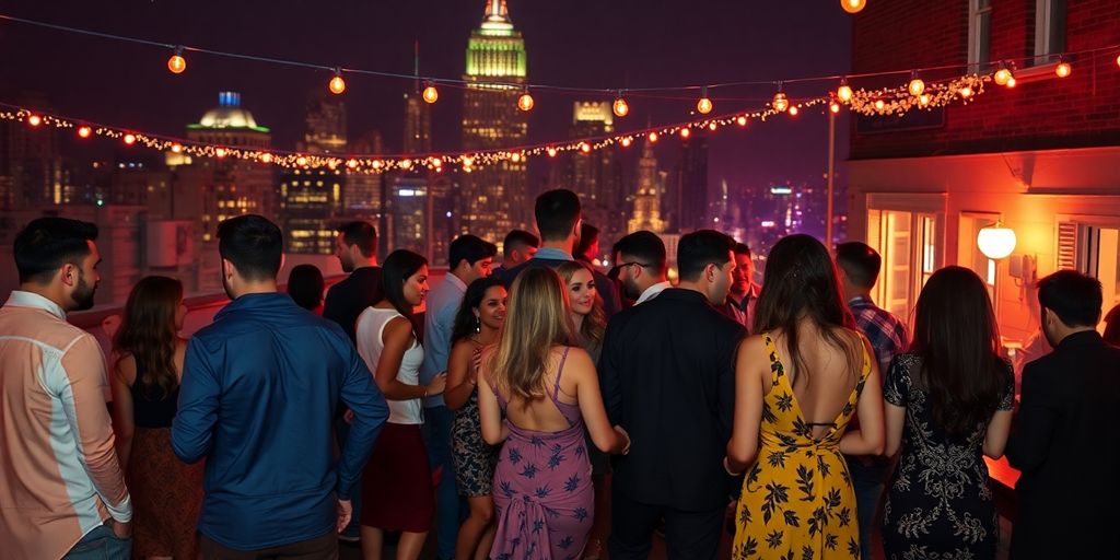 Couples enjoying a lively rooftop party in Brooklyn.