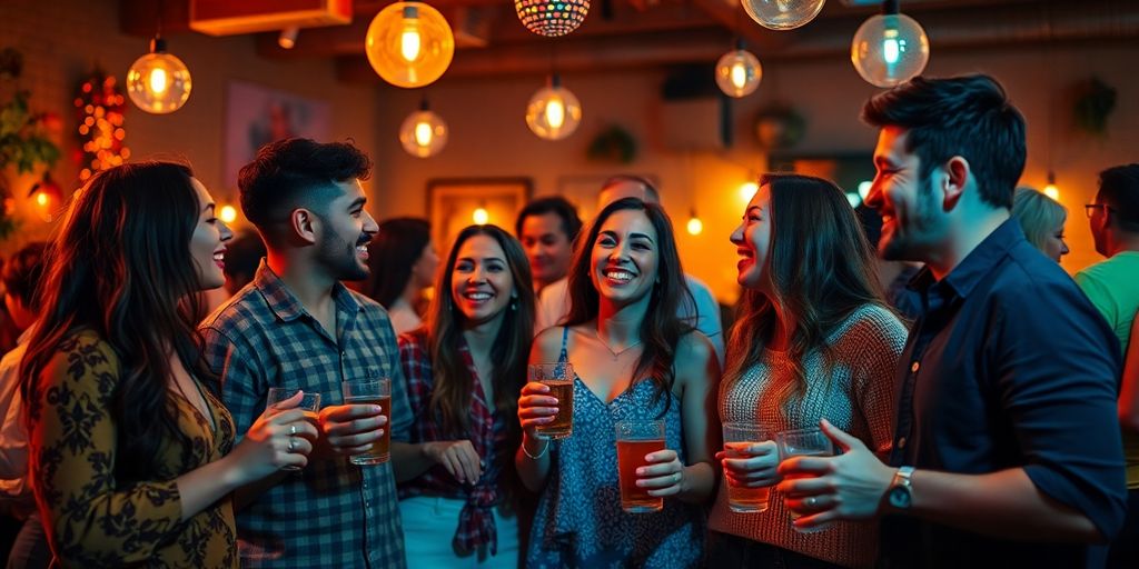 Couples enjoying a lively social gathering in a cozy setting.