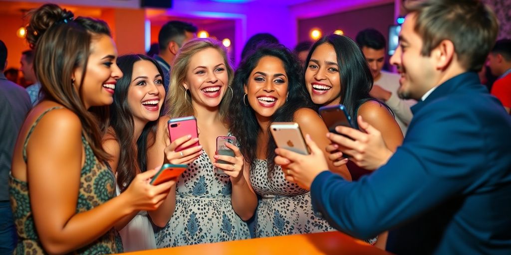 Couples enjoying a lively social gathering with smartphones.