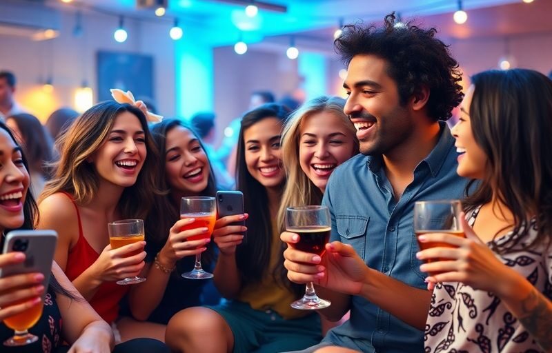 Couples enjoying a lively social scene with smartphones.