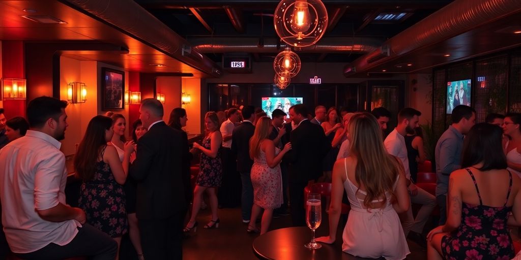 Couples enjoying nightlife in a Brooklyn swinger club.