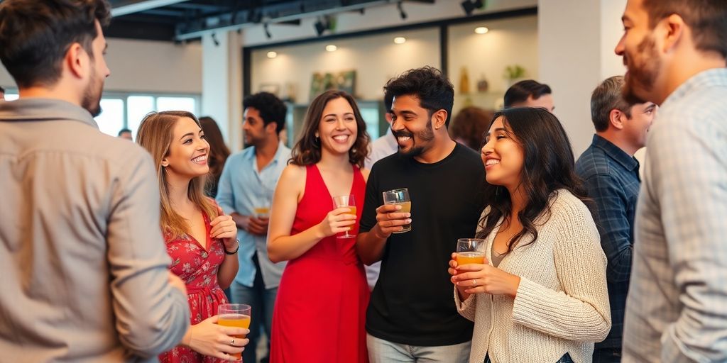 Couples interacting at a lively social event.