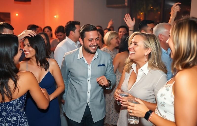 Couples laughing, dancing, and mingling at a lively party.