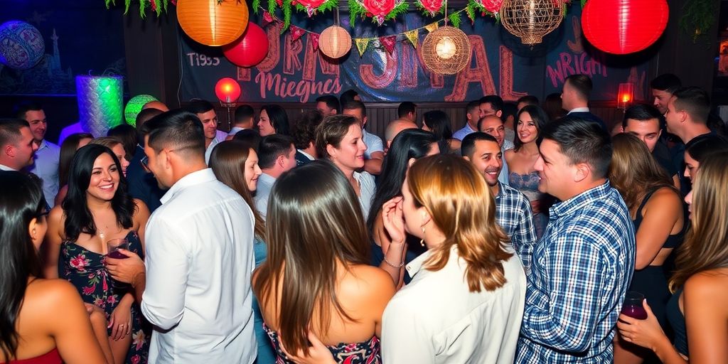 Couples mingling at a lively Brooklyn swinger party.