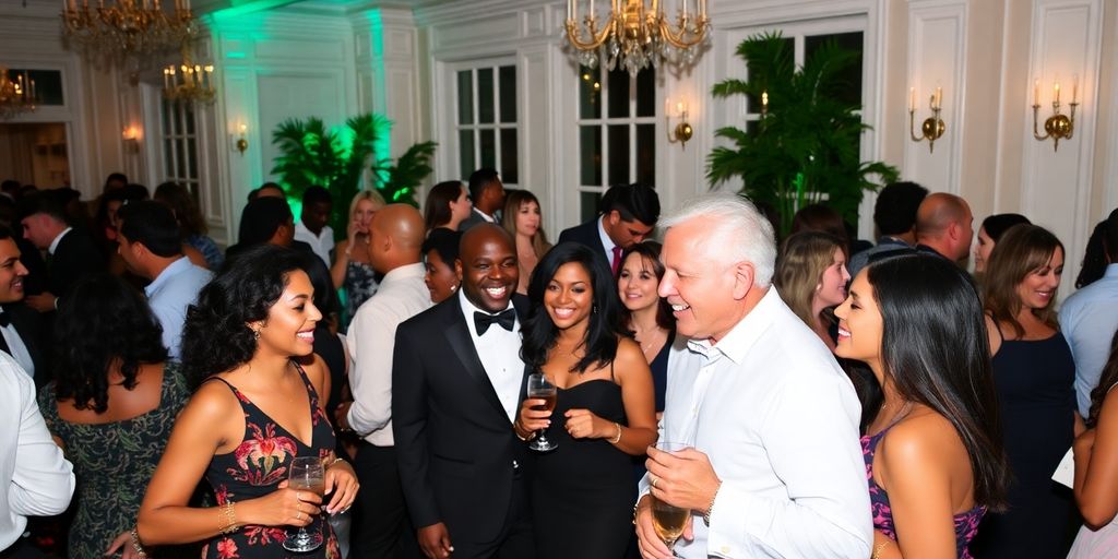 Couples mingling at a lively swinger lifestyle venue.