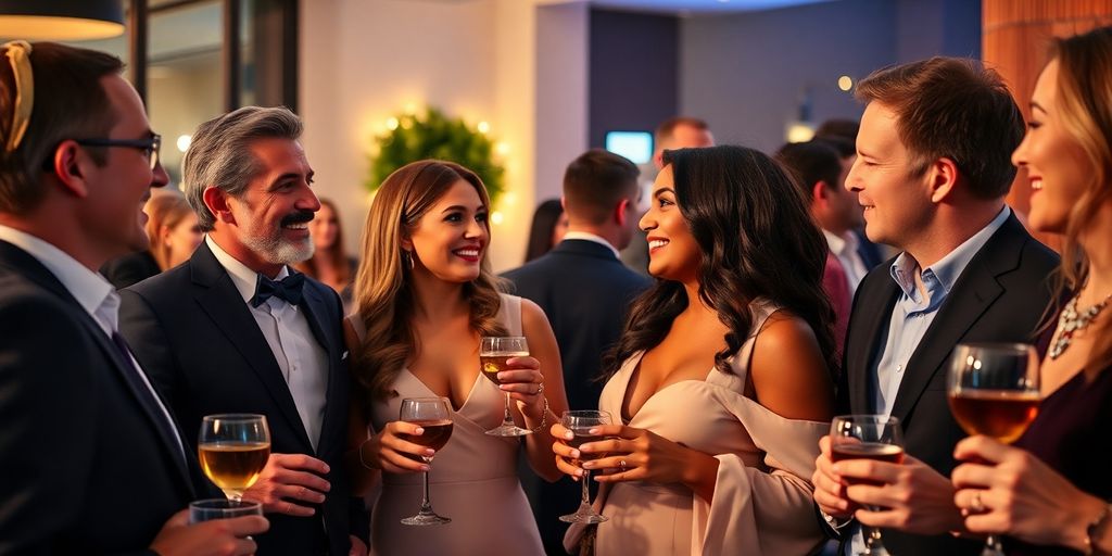 Couples mingling at a vibrant, modern party.