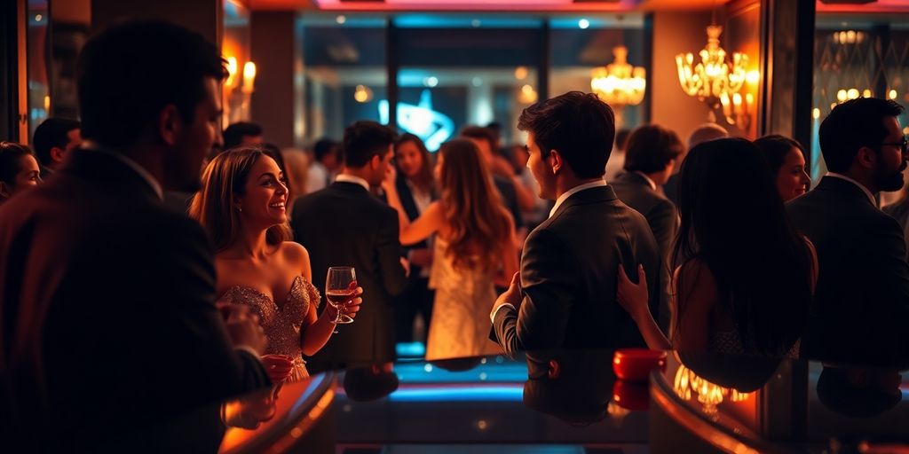 Couples mingling at an elegant, vibrant social event.