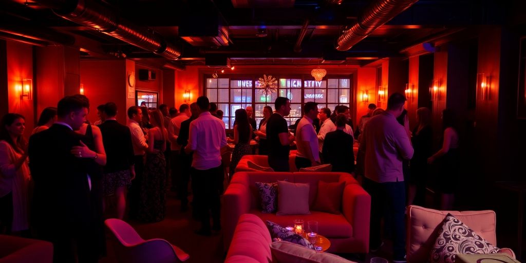 Couples mingling in a stylish lounge setting.