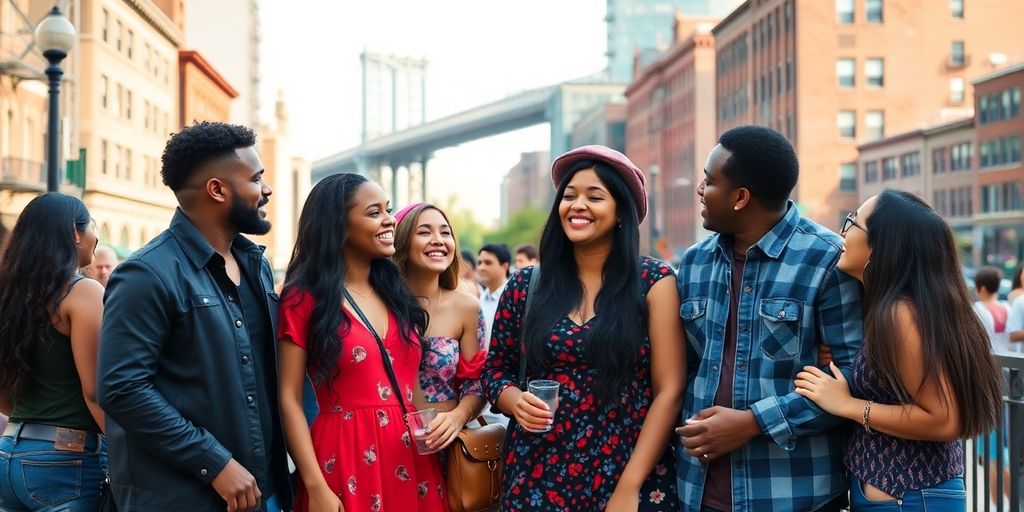 Couples mingling outdoors in a Brooklyn gathering.