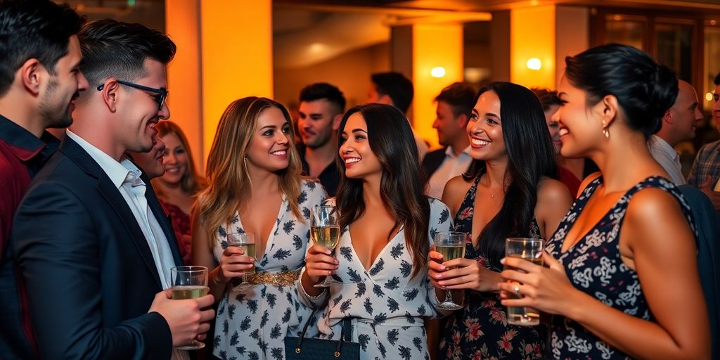 Couples mingling, vibrant, modern, lifestyle influencers.