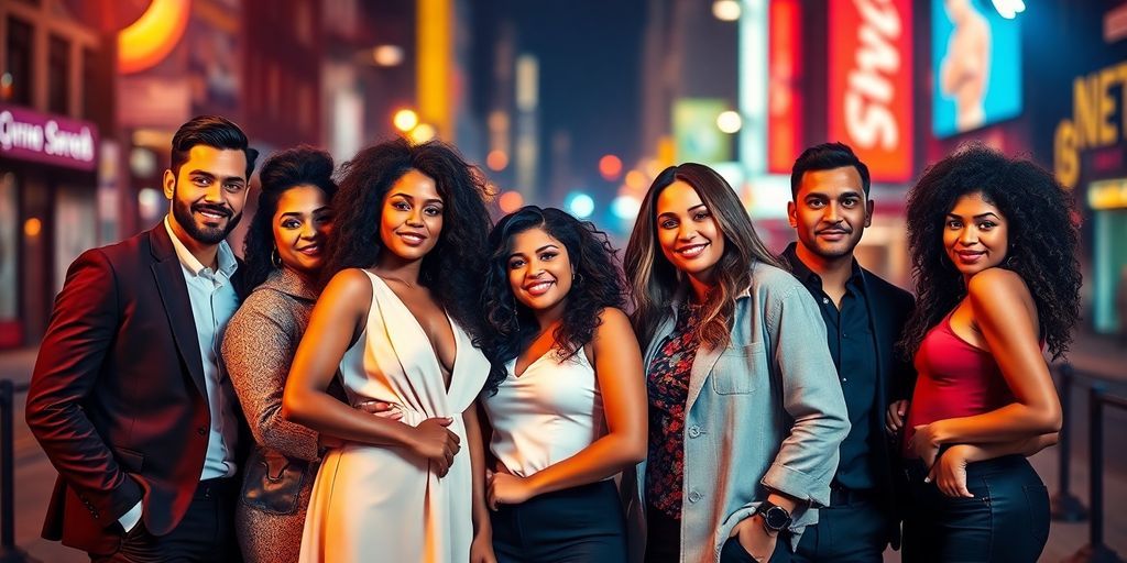 Couples posing online, vibrant.