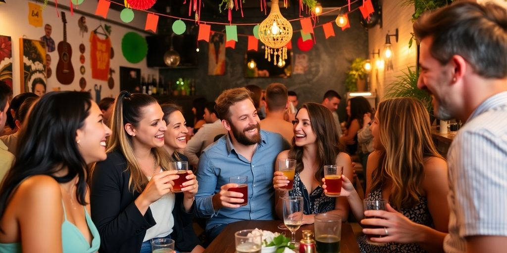Couples socializing and enjoying drinks in a vibrant setting.