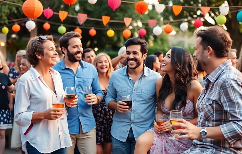 Couples socializing at a lively outdoor gathering.