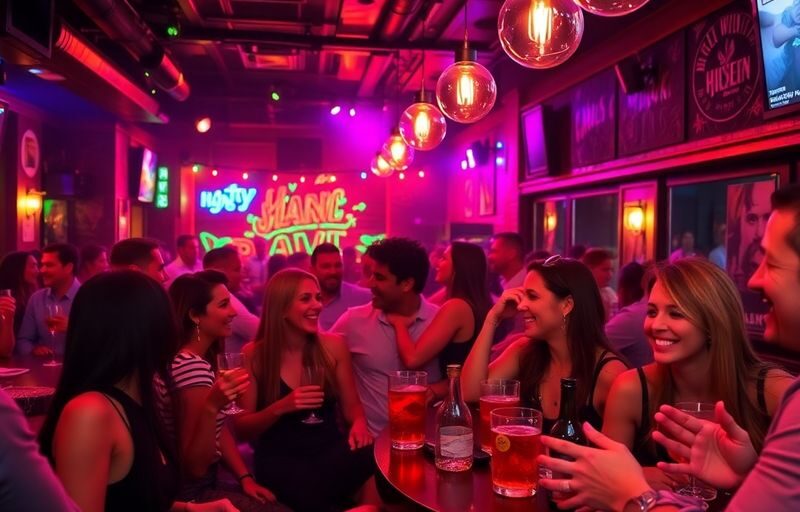 Couples socializing at a trendy Brooklyn bar.