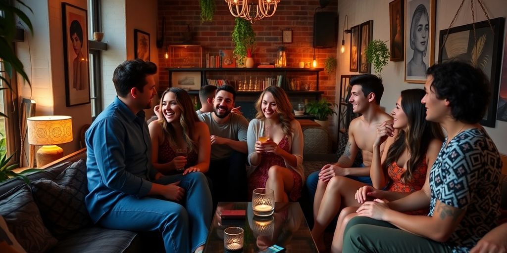 Couples socializing in a stylish Brooklyn apartment.