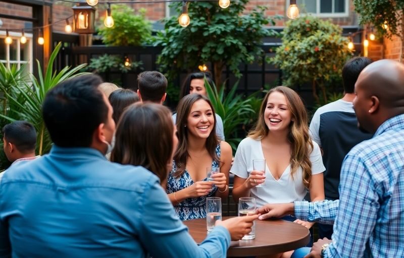 Couples socializing outdoors in Brooklyn at a swinger event.
