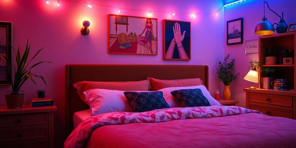 Cozy bedroom setup for new generation swingers.