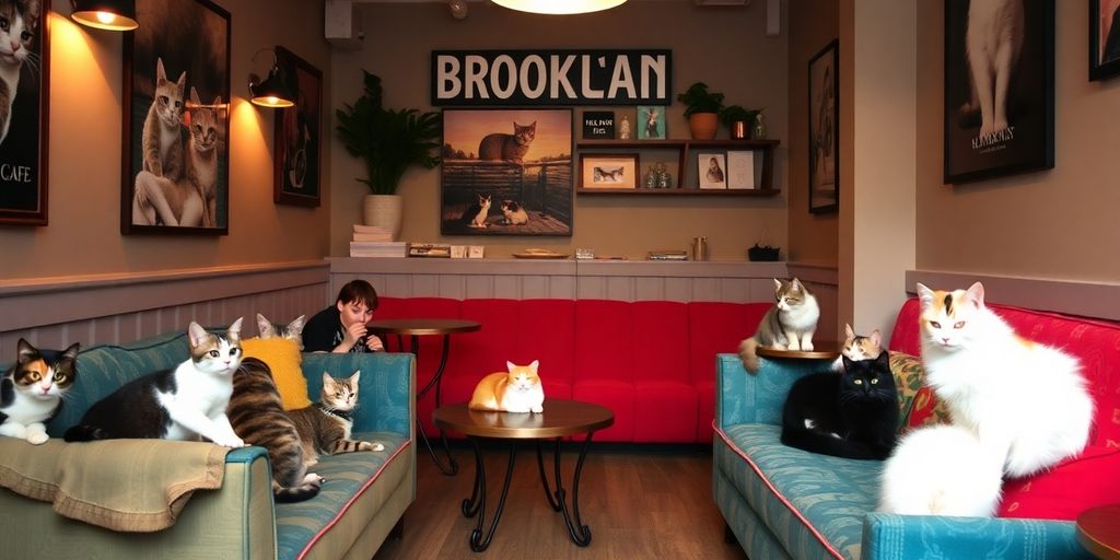 Cozy corner with cats and colorful furniture at cafe.