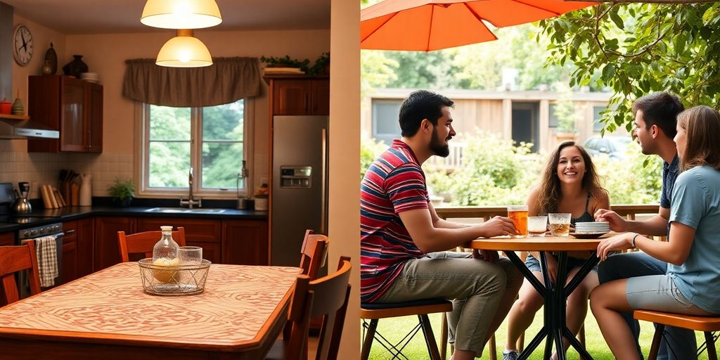 Cozy kitchen table and lively outdoor gathering scene.