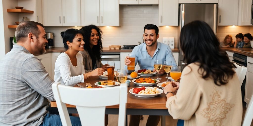Cozy kitchen table with friends enjoying a meal together.