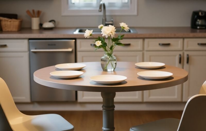 Cozy kitchen table with three empty chairs and flowers.