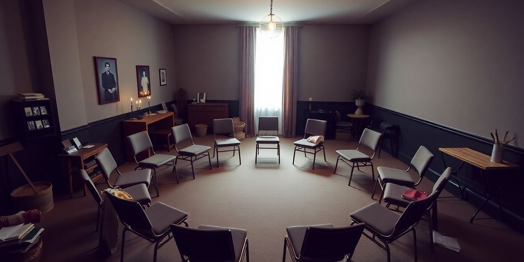 Cozy workshop space with chairs and soft lighting.