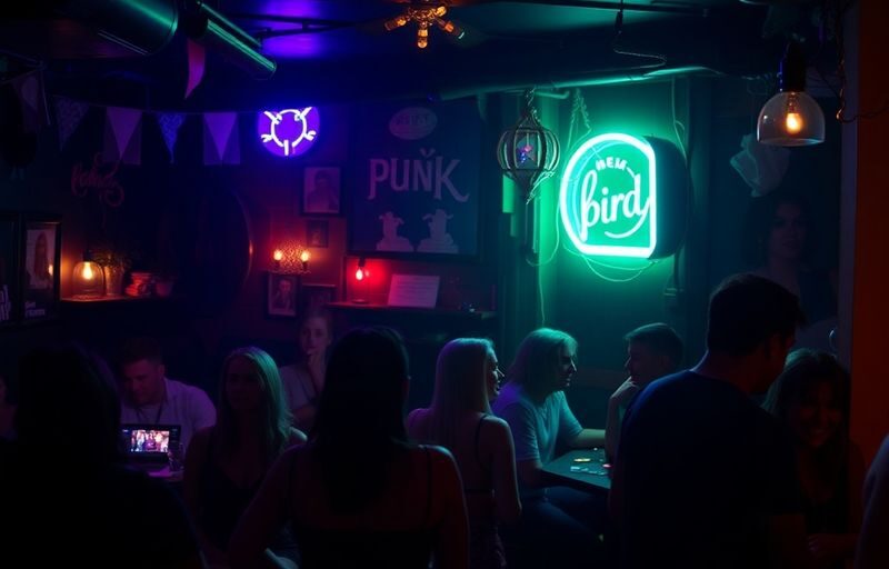 Dimly lit room with diverse kink community engaged.