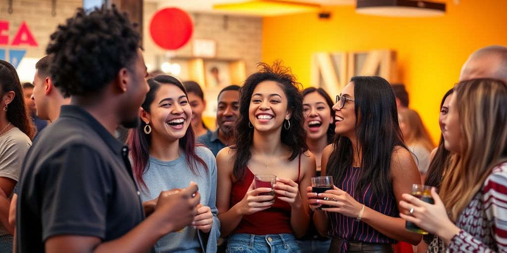 Diverse Gen Z friends enjoying a lively social gathering.