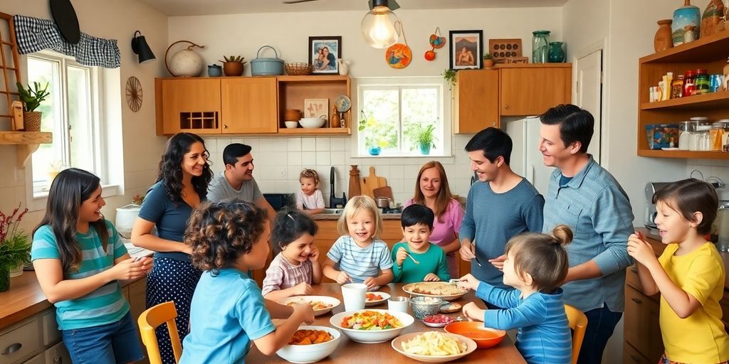 Diverse adults and children happily interacting in a kitchen.